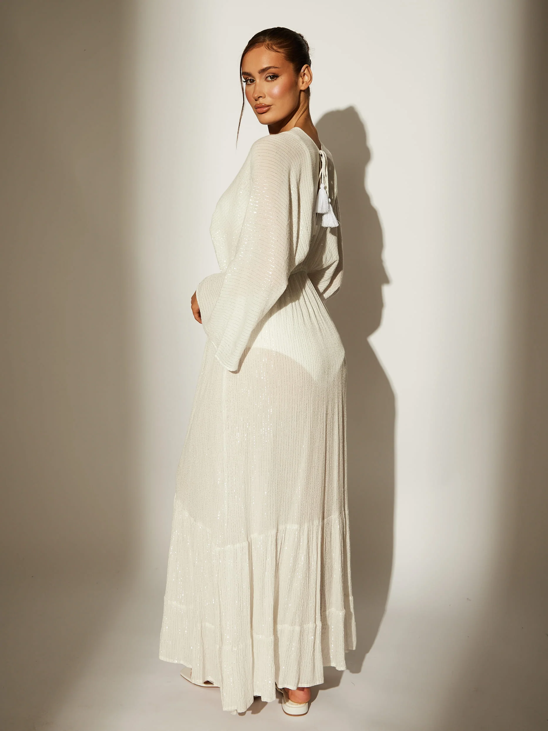 Metallic Kimono Sleeve Beach Maxi Dress in White - Image 4